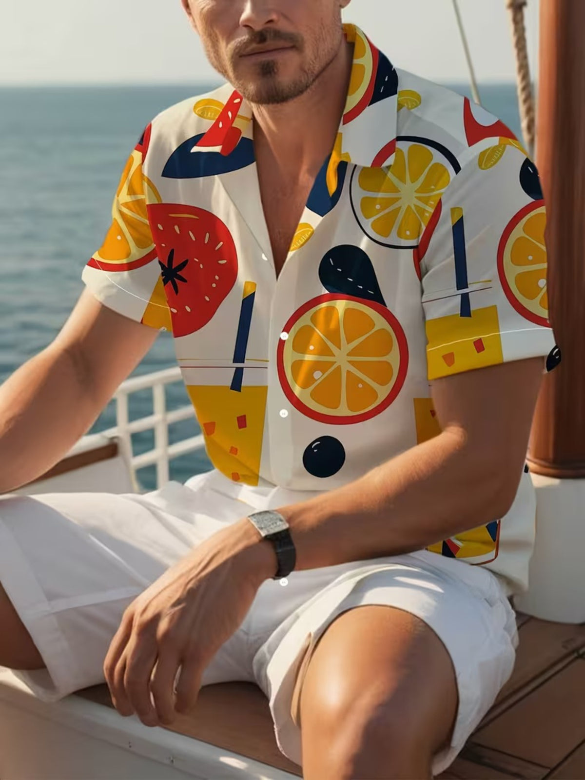 Men'S Casual Shirt with Orange Pattern Print - Short-Sleeved Button Design, Bright Colors, Suitable for Outdoor And Casual Wear in Summer, Machine Washable