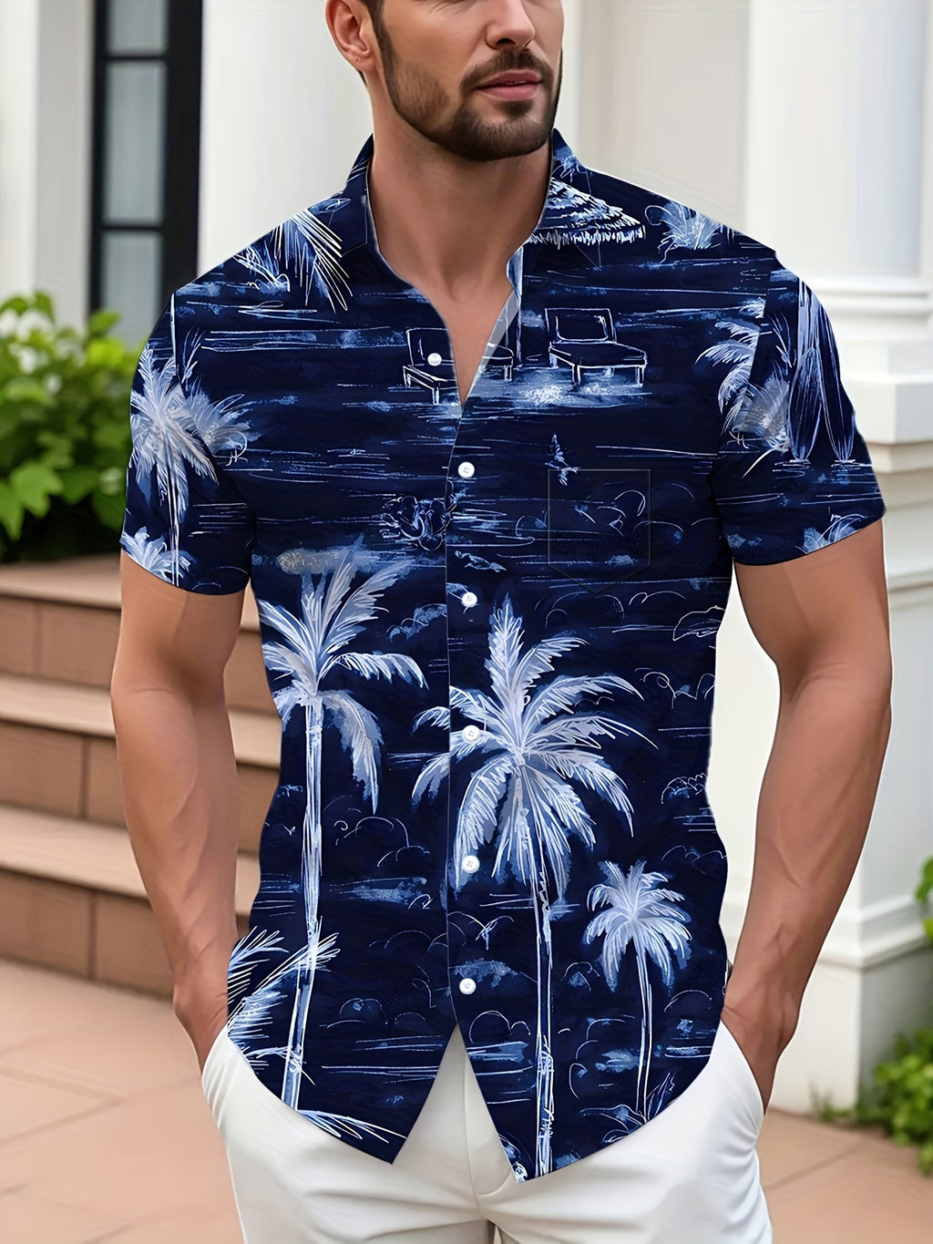 Plus Size Men's Casual Short Sleeve Shirt with Coconut Tree Print, Button- Collared Hawaiian Shirt, Fashionable Casual Top for Summer Beach Wear, Large Size Men's Clothing, Lightweight Breathable Fabric, Lapel Open-Front Men's Casual Shirt