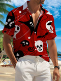 New Men'S Casual Short-Sleeve Shirt with a Red Background Featuring Black And White Halloween-Themed Designs, Perfect for Holiday Gatherings, Commuting, And Versatile Casual Wear. Made from Machine-Washable Polyester Fabric