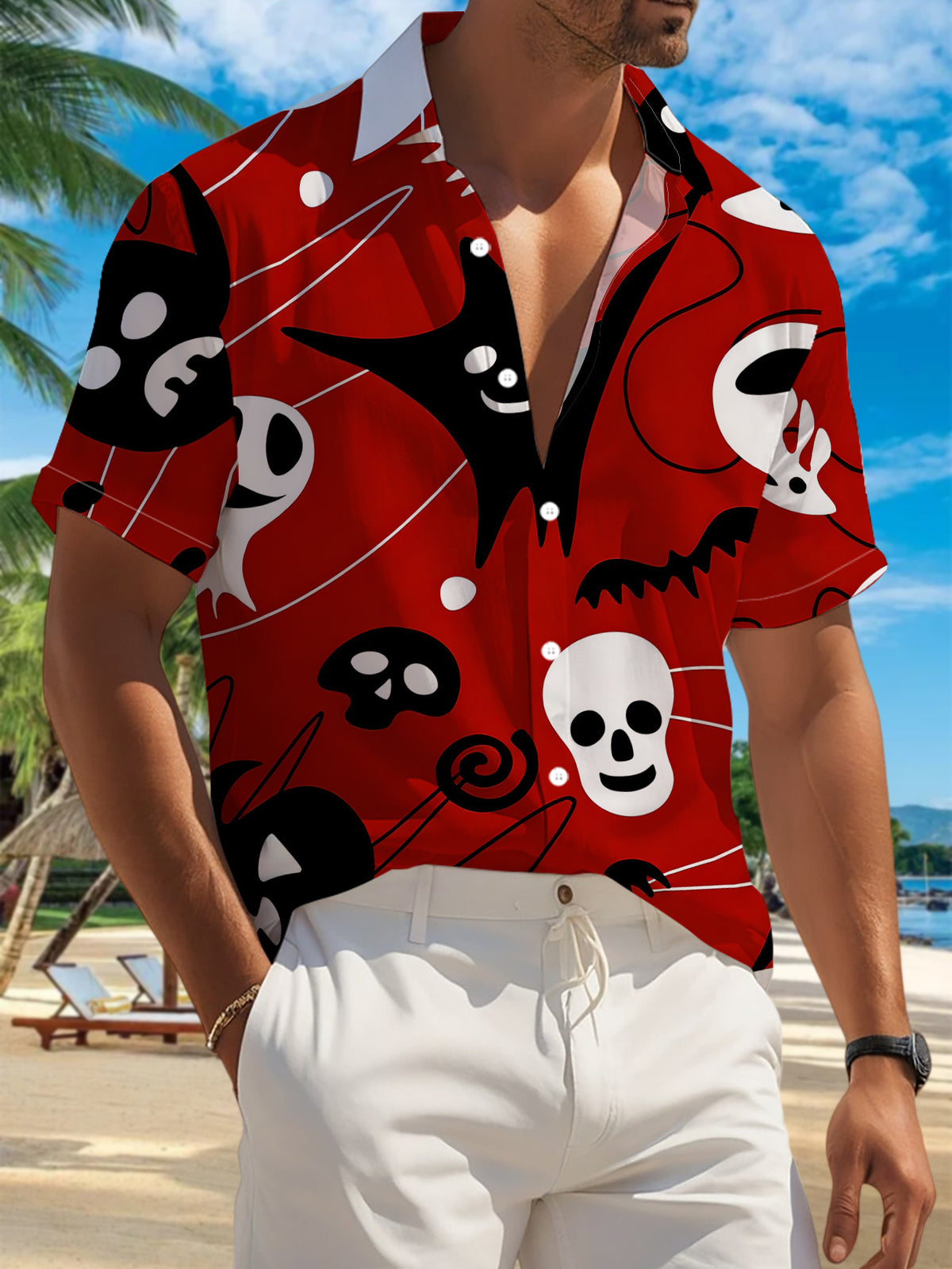 New Men'S Casual Short-Sleeve Shirt with a Red Background Featuring Black And White Halloween-Themed Designs, Perfect for Holiday Gatherings, Commuting, And Versatile Casual Wear. Made from Machine-Washable Polyester Fabric