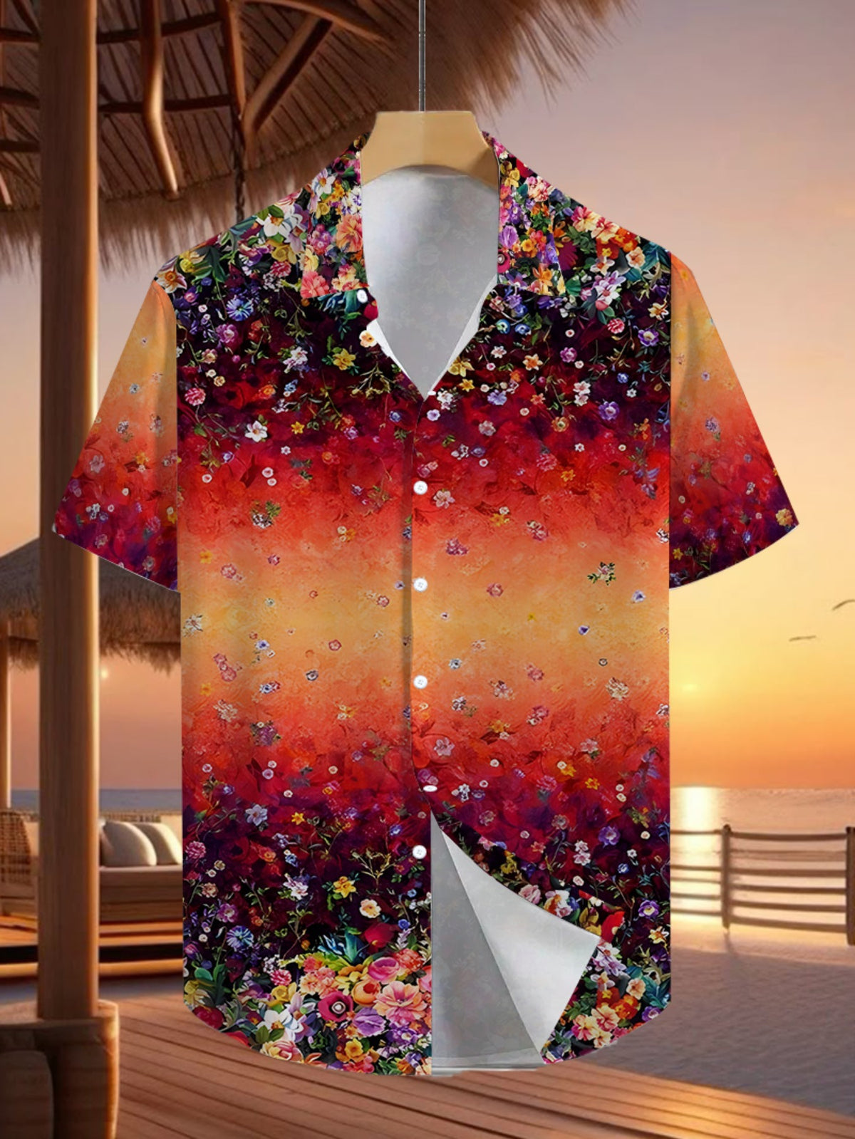 Men's Tropical Flower Print Short Sleeve Button- Shirt - Loose Fit Collar Summer Beach Vacation Wear, Hawaiian Shirt with Full-Body Hibiscus & Palm Print (Hand Washable)