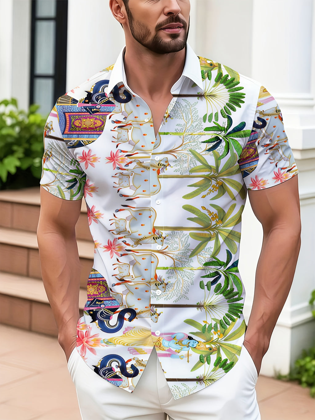 Men'S Casual Short Sleeve Shirt, Indian Style Wildlife Decor Print, Fashionable Versatile Beach Vacation Wear