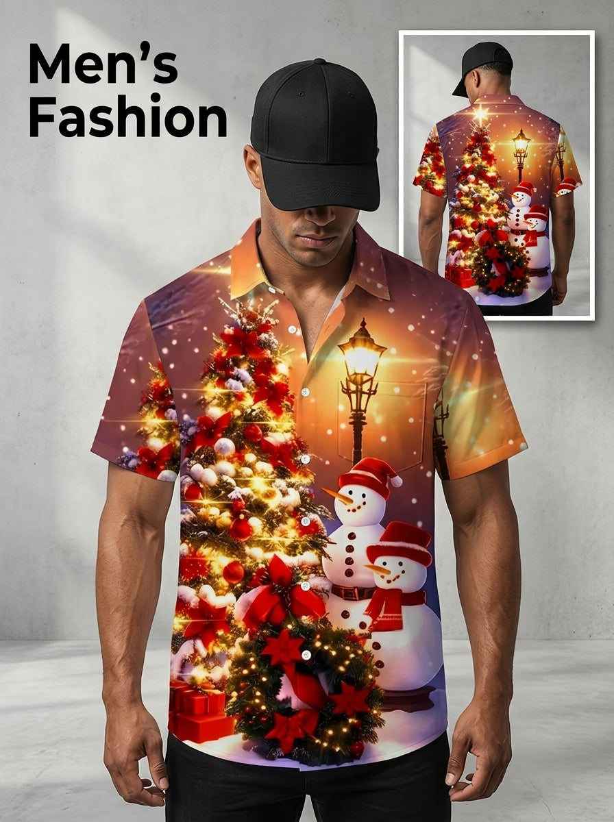 Christmas Snowman and Christmas Tree Print Men's Button Pocket Short Sleeve Shirt, Christmas Shirt, Plus Size, Seasonal Fashion, Holiday Party Shirt, Classic Button Top, Retro Holiday Design, Machine Washable Shirt, Holiday Shopper