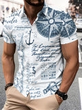 Nautical Style Men'S Casual Shirt with Compass Map And Anchor Print Summer Vintage Exploration Theme