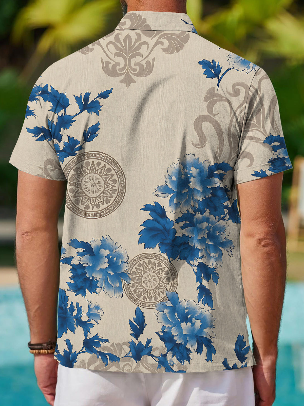 Men's Short-Sleeve Shirt with Blue Floral Elegant Style, Printed Shirt with Chinese Floral Pattern, Cool Short-Sleeve Shirt for Men, Beige-Blue Elegant Color, Men's Casual Short-Sleeve Shirt for Summer