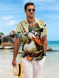 New Men'S Casual Short Sleeve Shirt, Fat Duck Rowing Through Waves Outfit with Hat, Festive Gathering Commute All-Match, Fabric Machine Washable, Button-Up Print Shirt