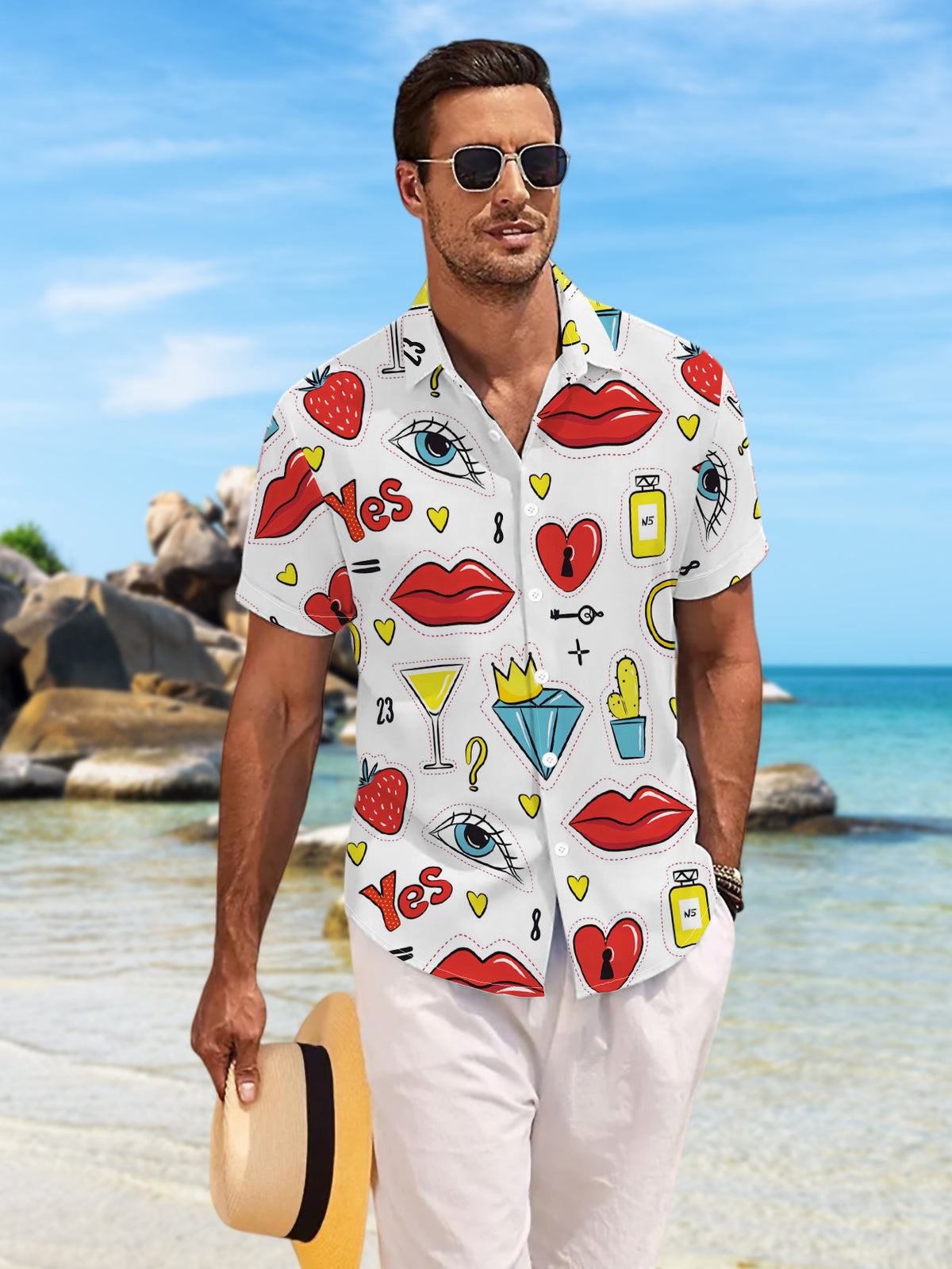 New Men'S Casual Short Sleeve Shirt, Red Lips And Diamonds Trendy Elements Full Layout, Holiday Party Commute Versatile, Polyester Fabric Machine Washable, Button-Print Shirt