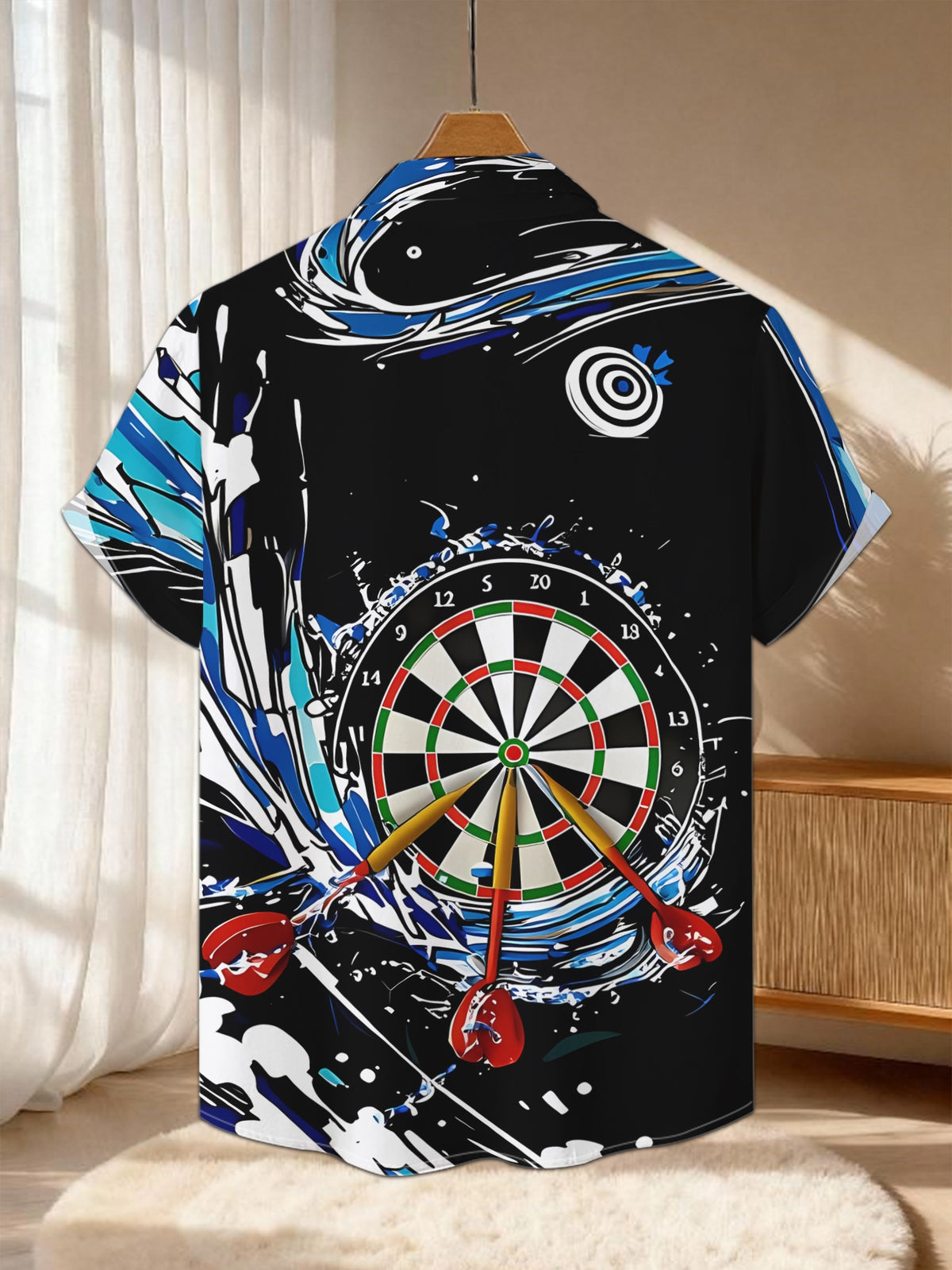 New Men'S Casual Short-Sleeve Shirt, Darts Hitting The Bullseye, Blue Waves Swirling Around The Dartboard, Perfect for Holiday Gatherings And Commuting, Versatile, Made of Machine-Washable Polyester Fabric, Button-Up Print Shirt