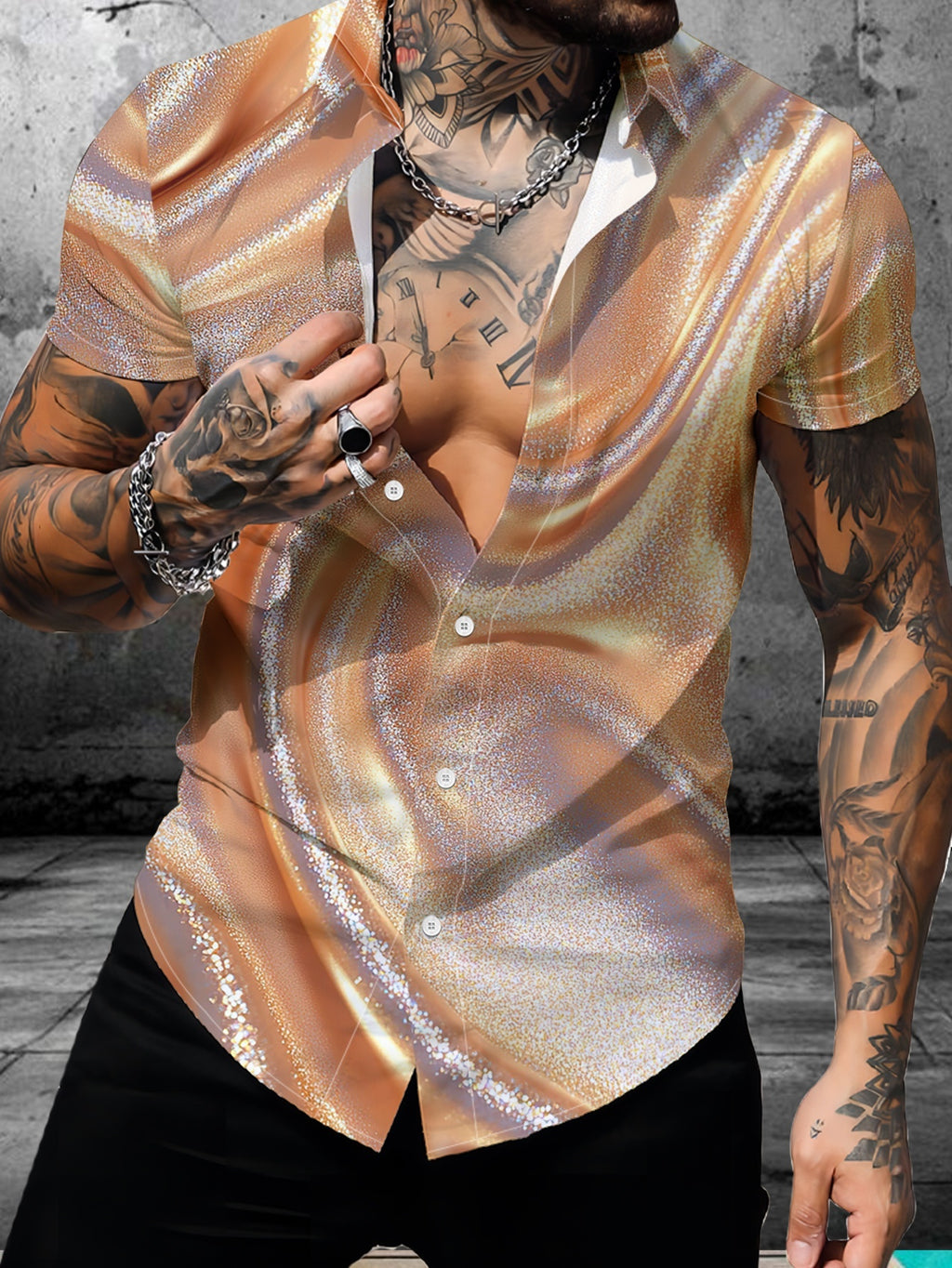 Men's Digital Print Short Sleeve Shirt Trendy Fashion Casual  Top