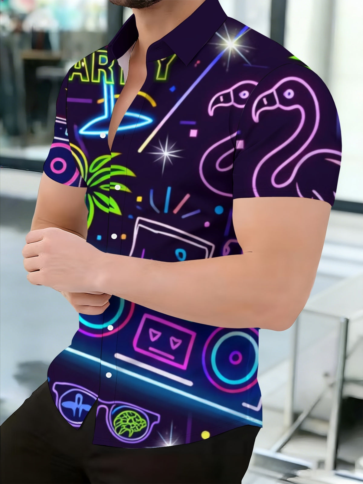 Men'S Short-Sleeve Button-Up Shirt, Geometric Pattern, Casual Turn- Collar, Fashionable Summer Wear