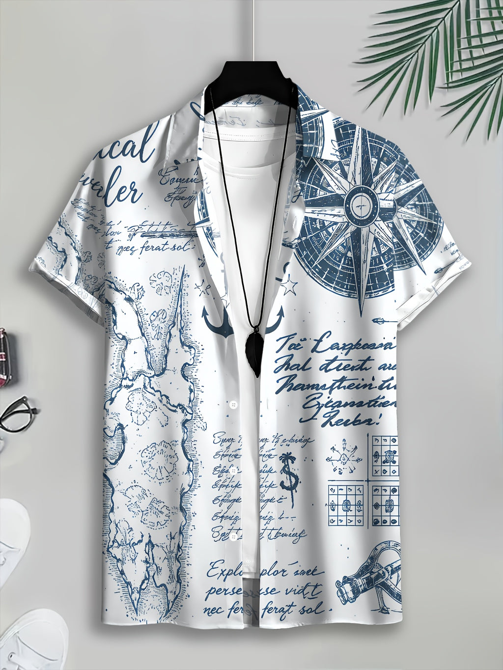 Nautical Style Men'S Casual Shirt with Compass Map And Anchor Print Summer Vintage Exploration Theme