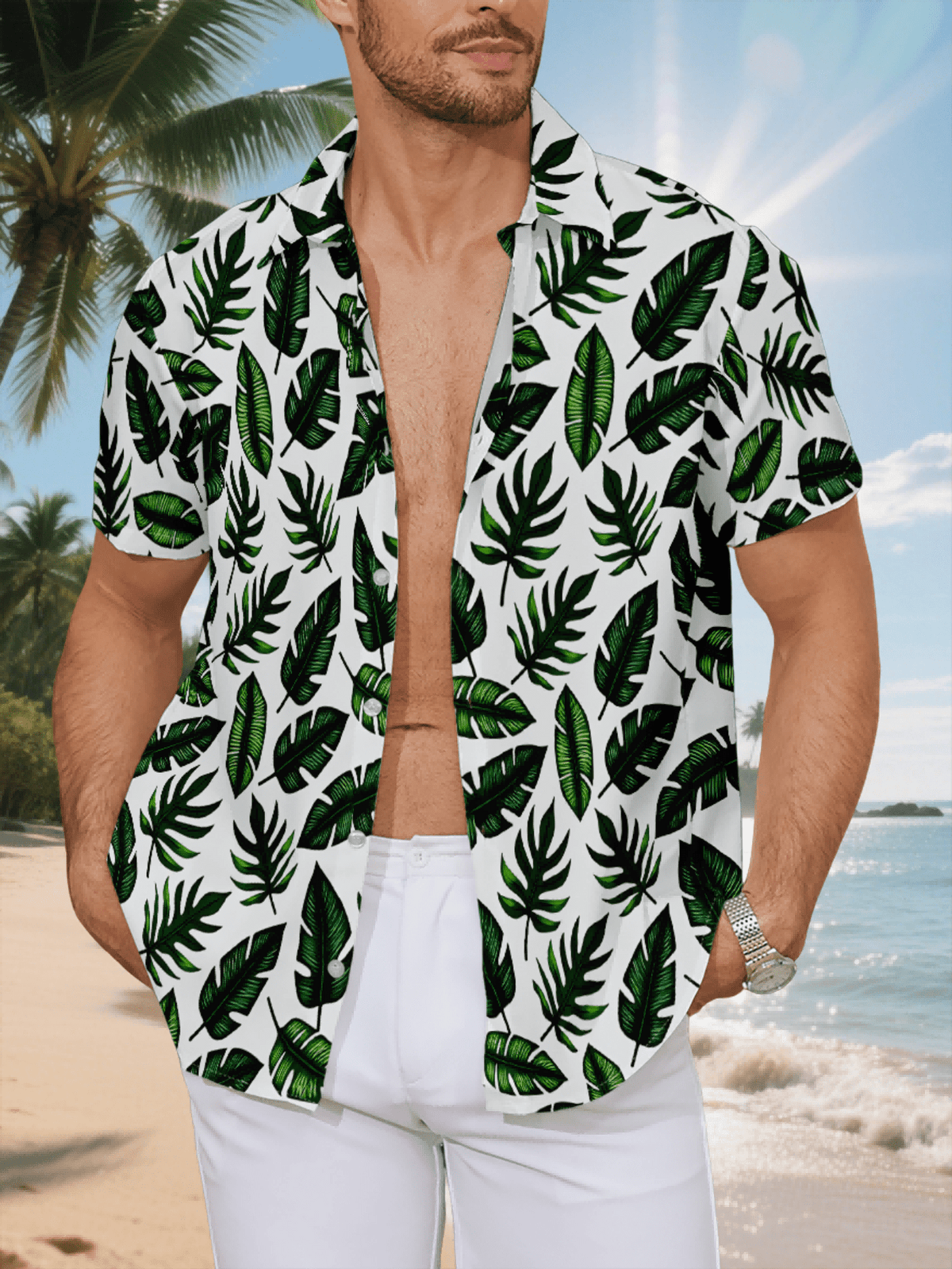 New Men's Casual Short-Sleeve Shirt with All-Over Dark Green Tropical Leaf Pattern on White Background, Versatile for Holiday Parties and Commuting. Made of Polyester Fiber, Machine Washable, Lightweight for Summer. Suitable for Casual Wear