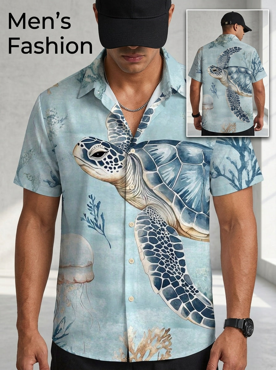 Men's Simple Hawaiian Jellyfish and Turtle Pattern Printed Button Shirt- Lightweight Polyester Fiber, Summer Vacation and Holiday Clothing