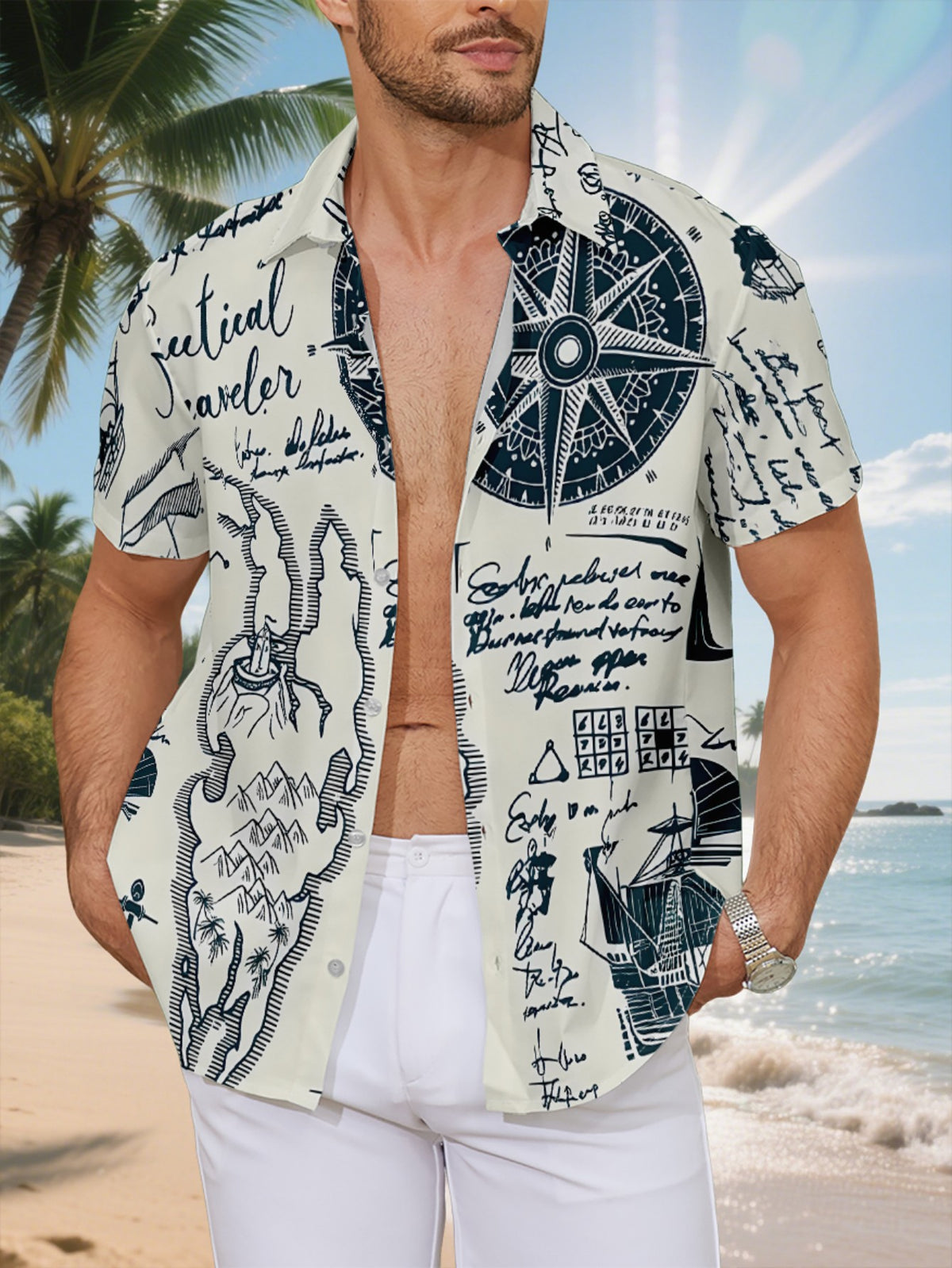 New Men's Casual Short-Sleeve Shirt, Nautical Theme Hand-Painted Collection with Compass, Anchor, Ancient Ship, and Other Elements, Versatile for Holiday Parties and Commuting, Polyester Fiber Fabric, Machine Washable, Button-Print Shirt