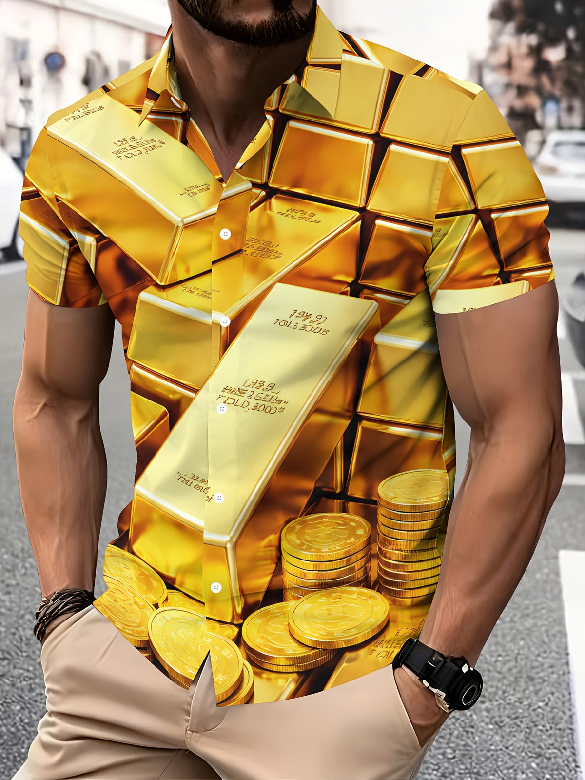 Golden Bar Print Men'S Casual Shirt Summer Luxury Wealth Digital Print Design