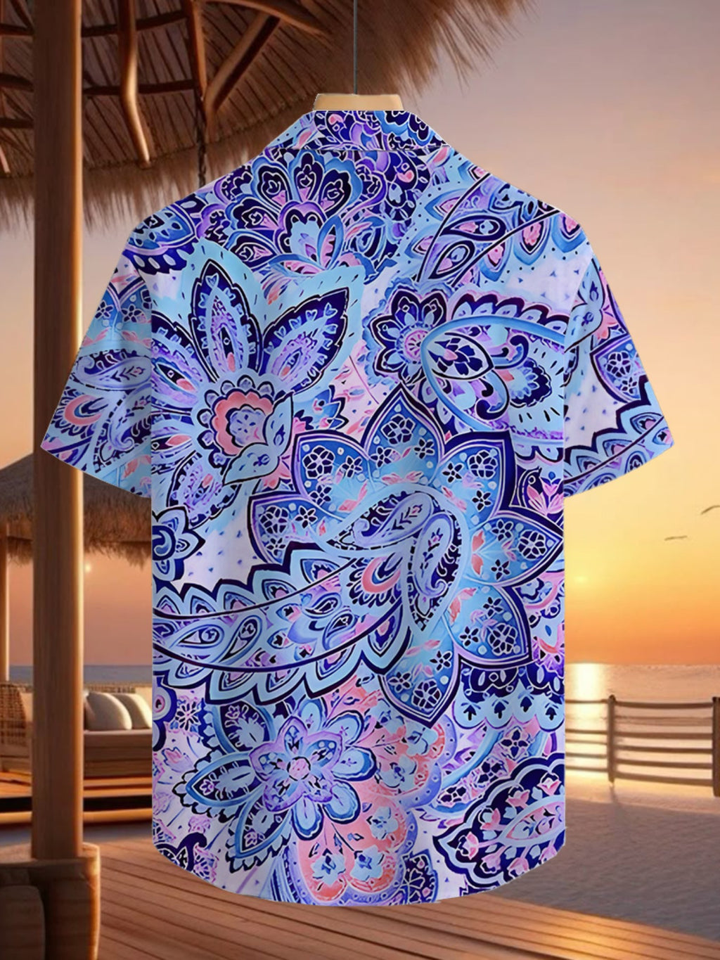 Men's Tropical Blue & Purple Paisley Print Short Sleeve Button- Shirt - Loose Fit Casual Collar Summer Beachwear, Button Front Placket for Outdoor & Smart-Casual Occasions, Suitable for Summer Season Clothing