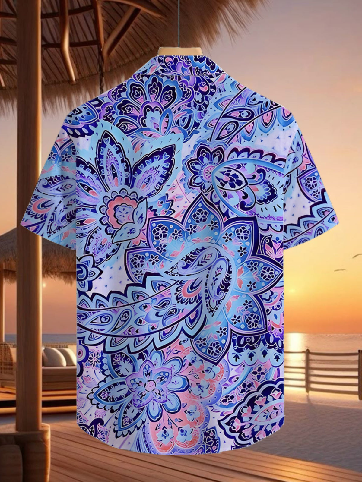 Men's Tropical Blue & Purple Paisley Print Short Sleeve Button- Shirt - Loose Fit Casual Collar Summer Beachwear, Button Front Placket for Outdoor & Smart-Casual Occasions, Suitable for Summer Season Clothing