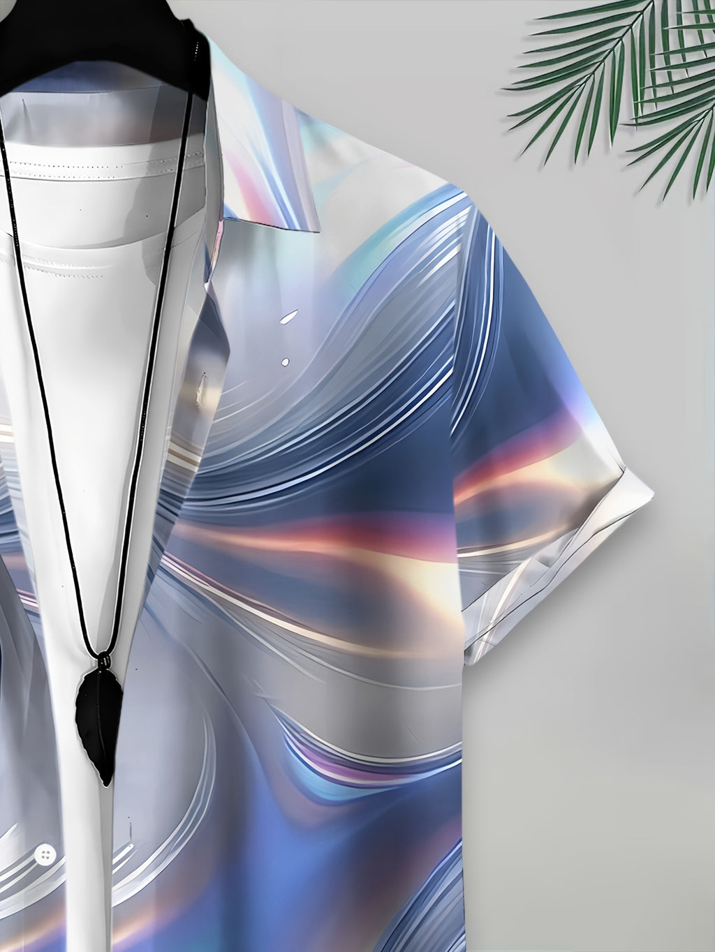 Abstract Wave Design Men'S Casual Shirt, Print Silver Blue Holographic Pattern Summer Shimmering Fluid Art