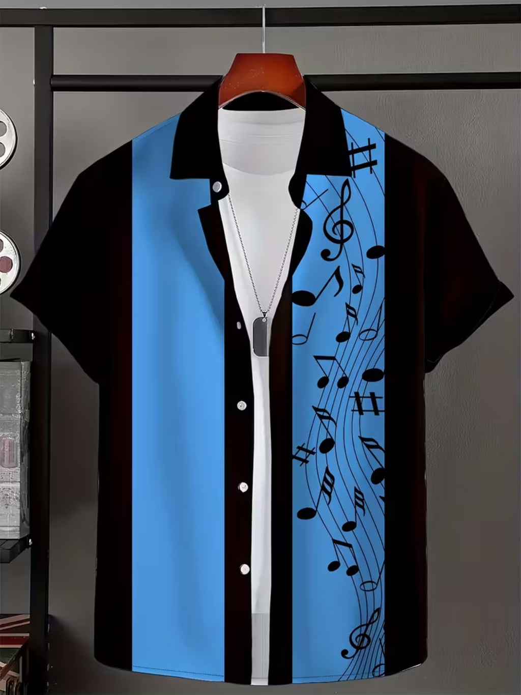 Hawaiian Notes Print Men'S Casual Shirt Single Jersey Regular Fit Short Sleeve Button-Up Shirt for Summer Vacation & Casual Attire Everyday