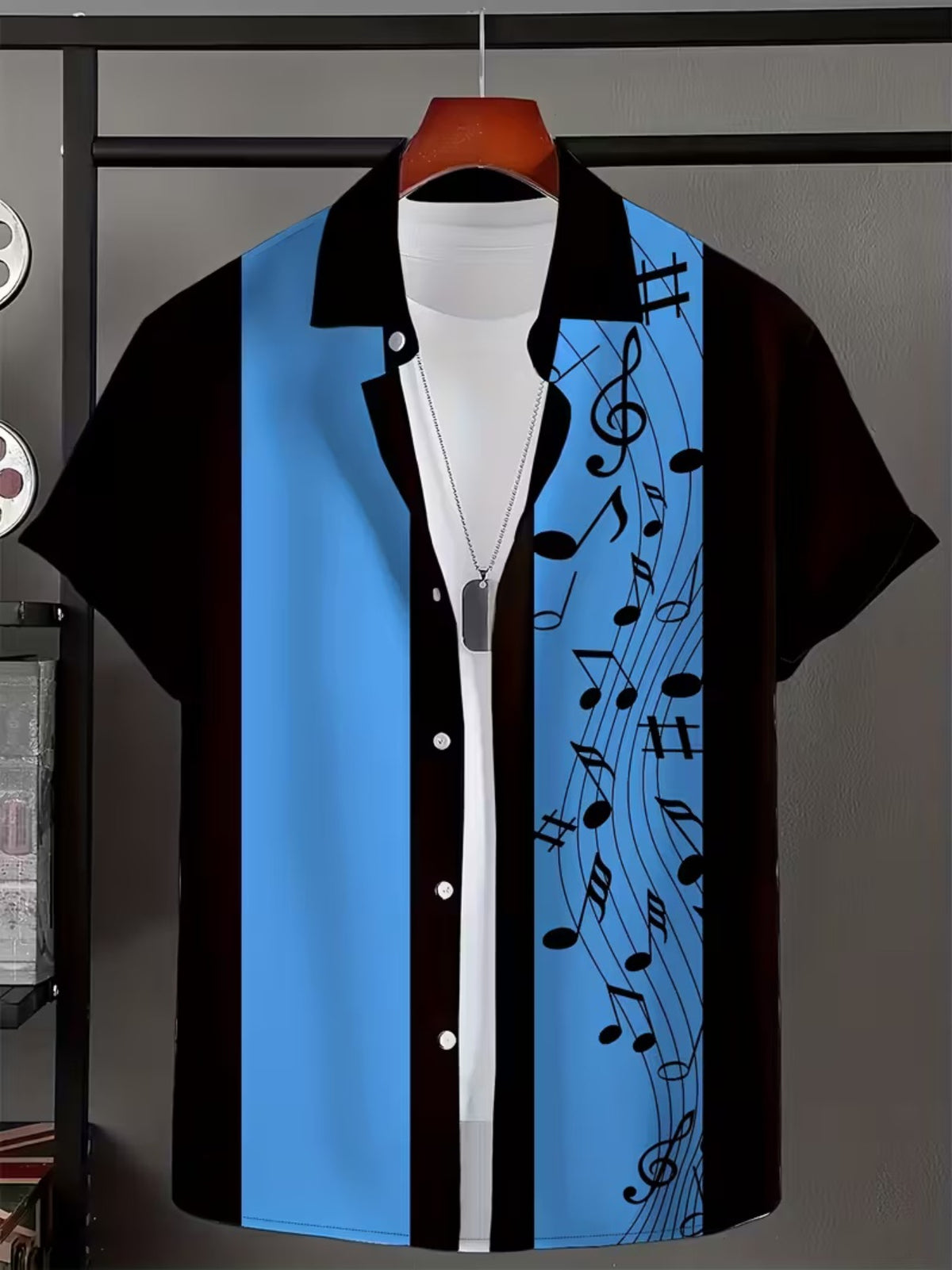 Hawaiian Notes Print Men'S Casual Shirt Single Jersey Regular Fit Short Sleeve Button-Up Shirt for Summer Vacation & Casual Attire Everyday