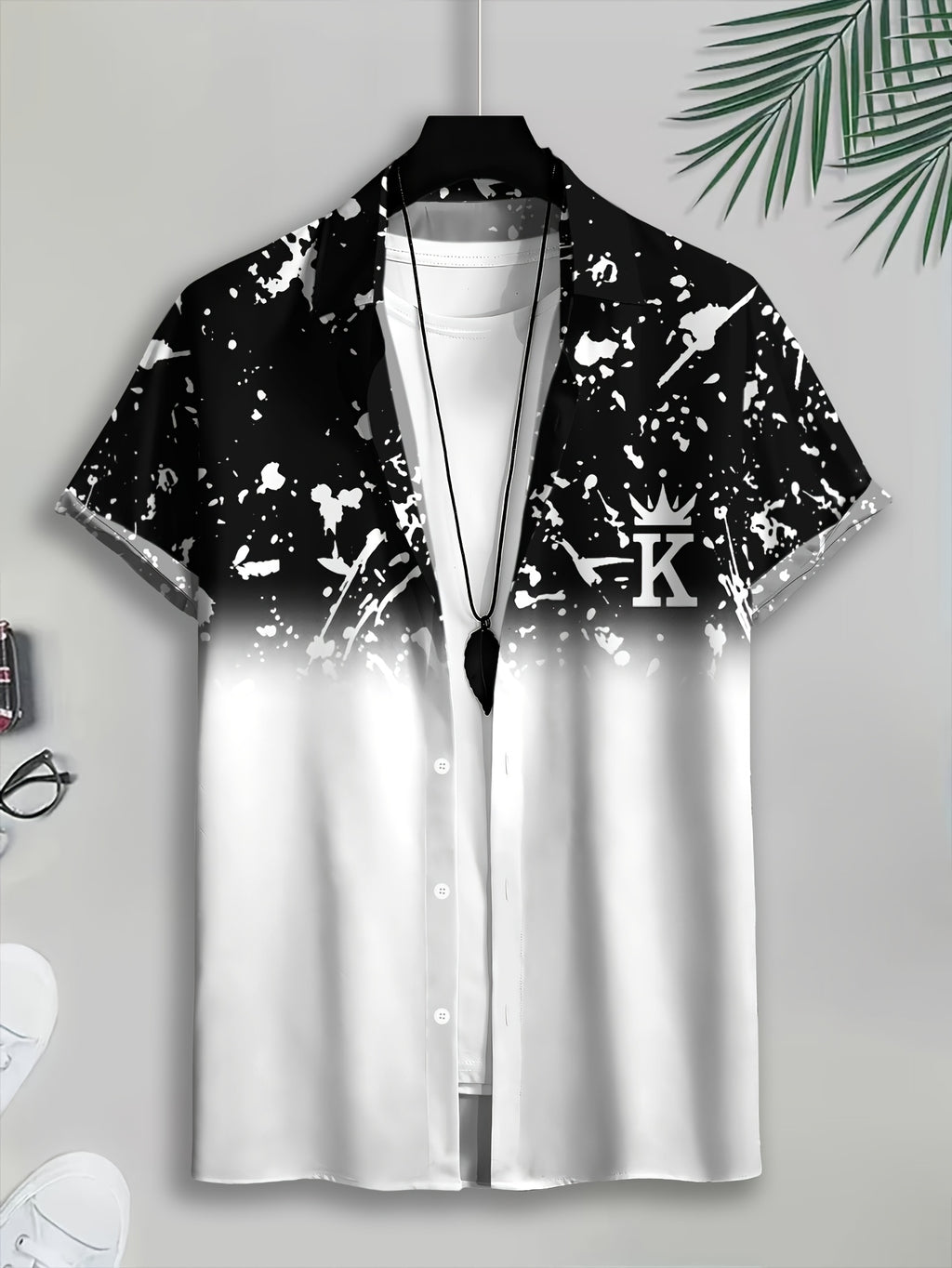 Casual Style Men'S Casual Shirt, Print Black And White Gradient with Crown K Letter And Splatter Pattern Summer Fashion Statement