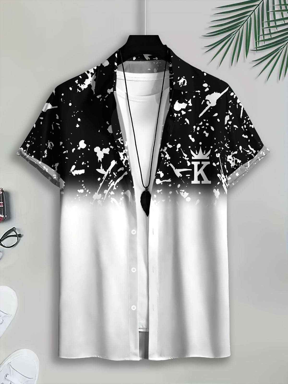 Casual Style Men'S Casual Shirt, Print Black And White Gradient with Crown K Letter And Splatter Pattern Summer Fashion Statement