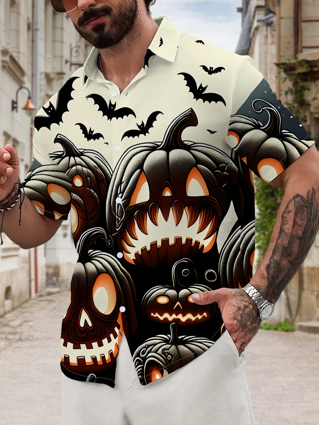 New Men'S Casual Short-Sleeved Shirt, Dark Night Pumpkin Group Grinning, Bats Flying Around The Full, Holiday Party Commuting Versatile Casual Top, Polyester Fiber Fabric Machine Washable, Button Print Shirt