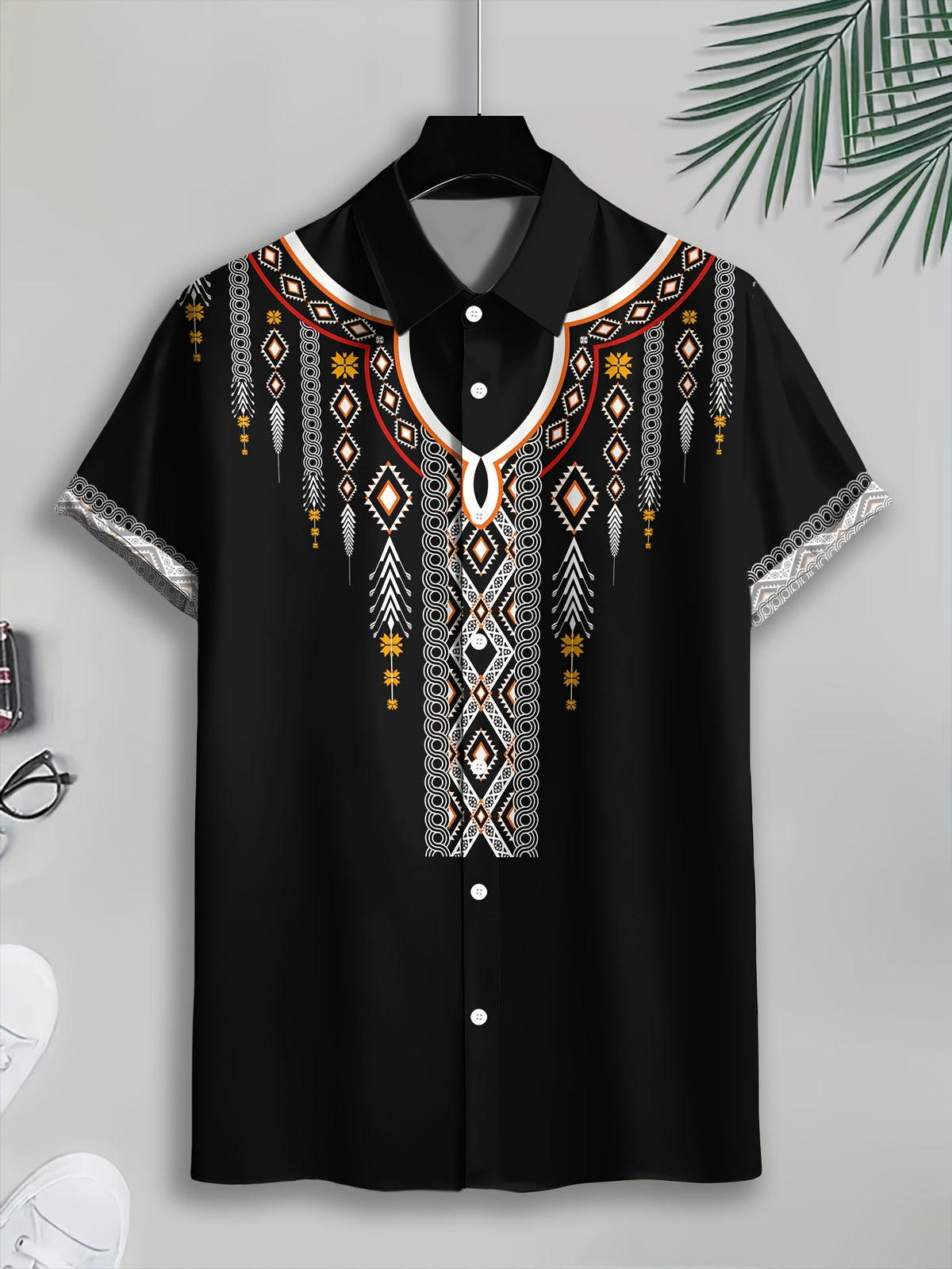 Ethnic Print Men's Casual Shirt Black Geometric Pattern Summer Traditional Pattern Embellishment Fashion Casual Short-Sleeve Shirt