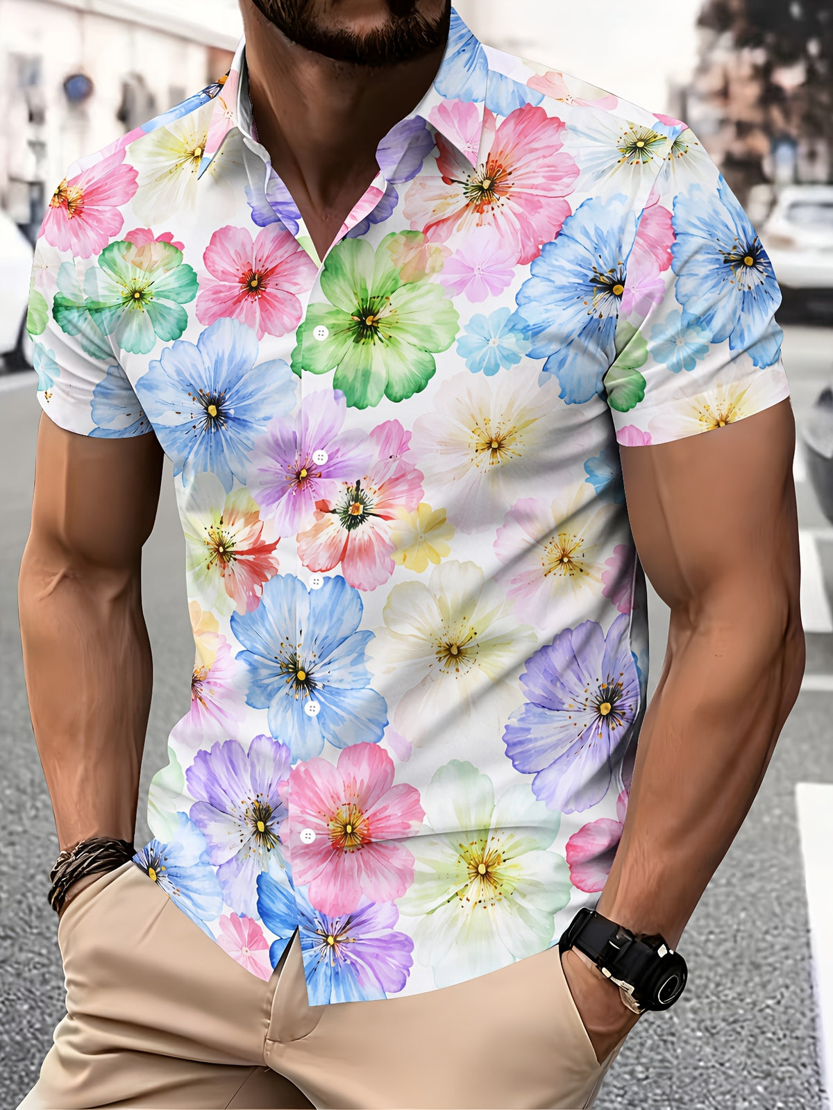 Men's Casual Floral Print Shirt with Colorful Summer Flower Pattern