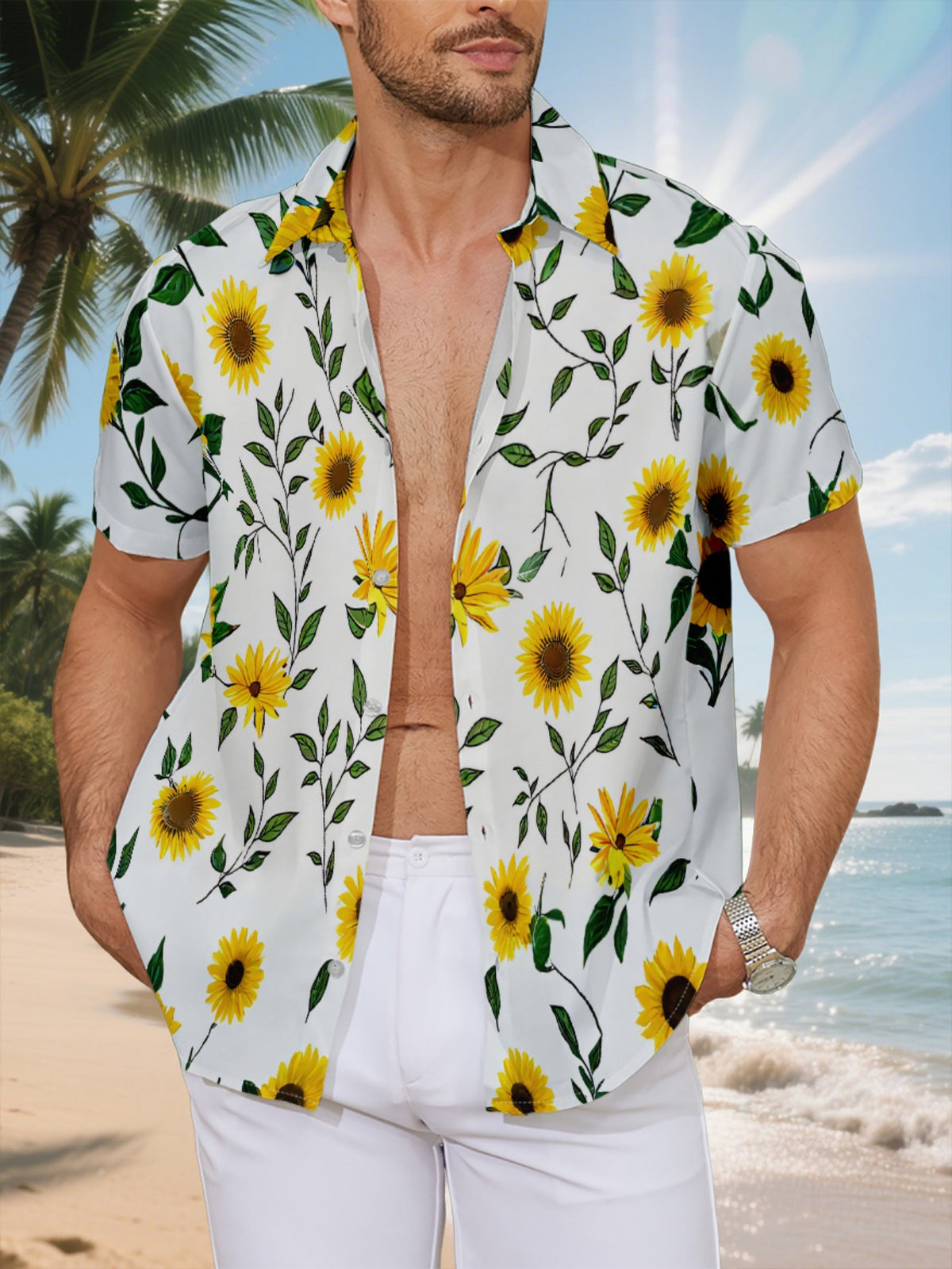 New Men's Casual Short-Sleeve Shirt with Bright Yellow Sunflowers and Green Branches/Leaves Print on White Background. Versatile for Holiday Parties and Commuting. Made of Polyester Fiber, Machine Washable. Lightweight for Summer. Suitable for Casual