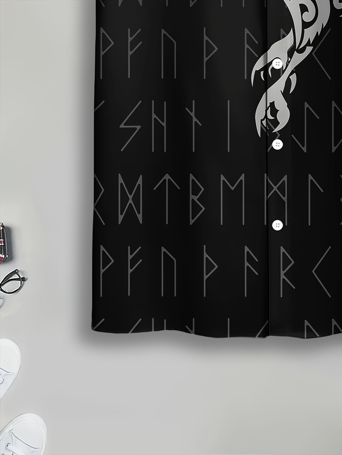 Viking Style Men'S Casual Shirt, Printed Black Raven And Runes Pattern Summer Nordic Symbol Design
