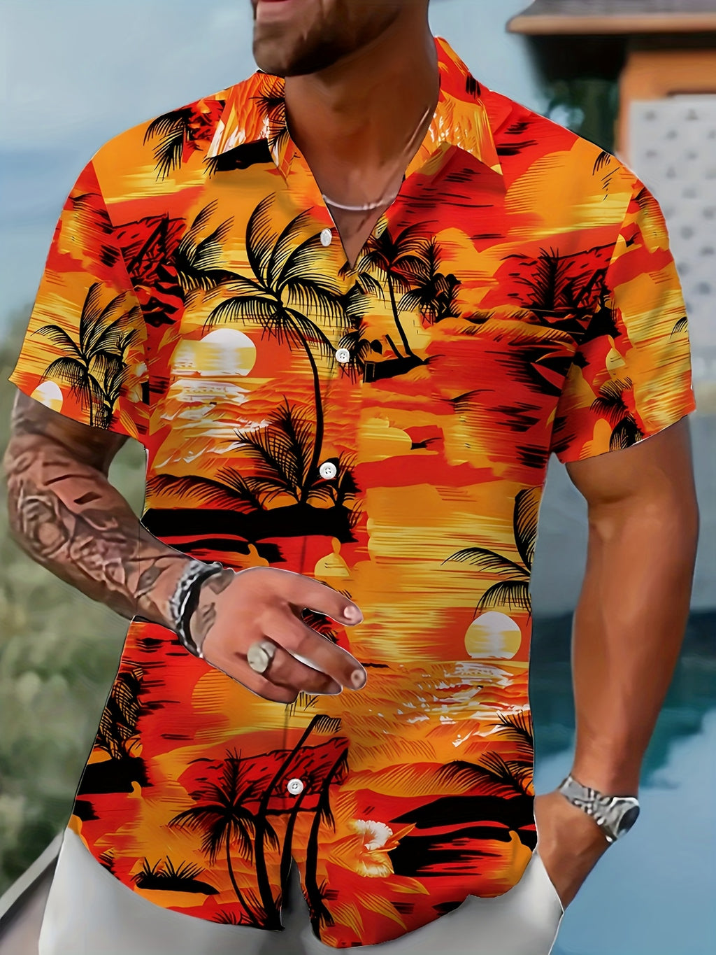 Men's Retro Hawaiian Floral Print Short Sleeve Shirt- Retro Tropical Beach Casual Collar, Lightweight Breathable Polyester Fiber, Vibrant Palm Tree Design, Suitable for Summer Outings
