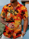 Men's Retro Hawaiian Floral Print Short Sleeve Shirt- Retro Tropical Beach Casual Collar, Lightweight Breathable Polyester Fiber, Vibrant Palm Tree Design, Suitable for Summer Outings