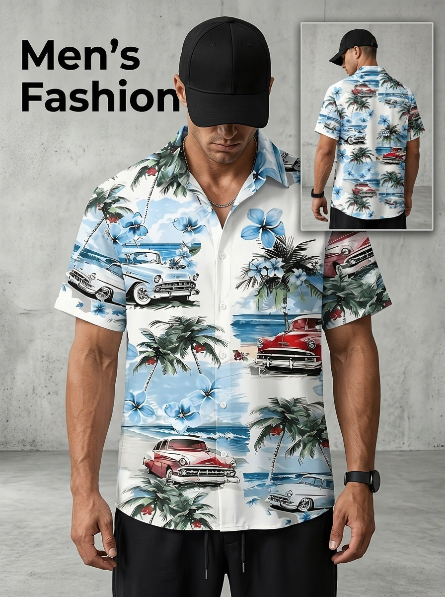 Men's Hawaiian Shirt with Tropical Print and Short Sleeves- Vintage Beach Style with Classic Car and Palm Tree Design, Button Collar, Lightweight Summer Vacation, Loose Summer Protection Pants| Hawaiian Buttons| Smooth Texture
