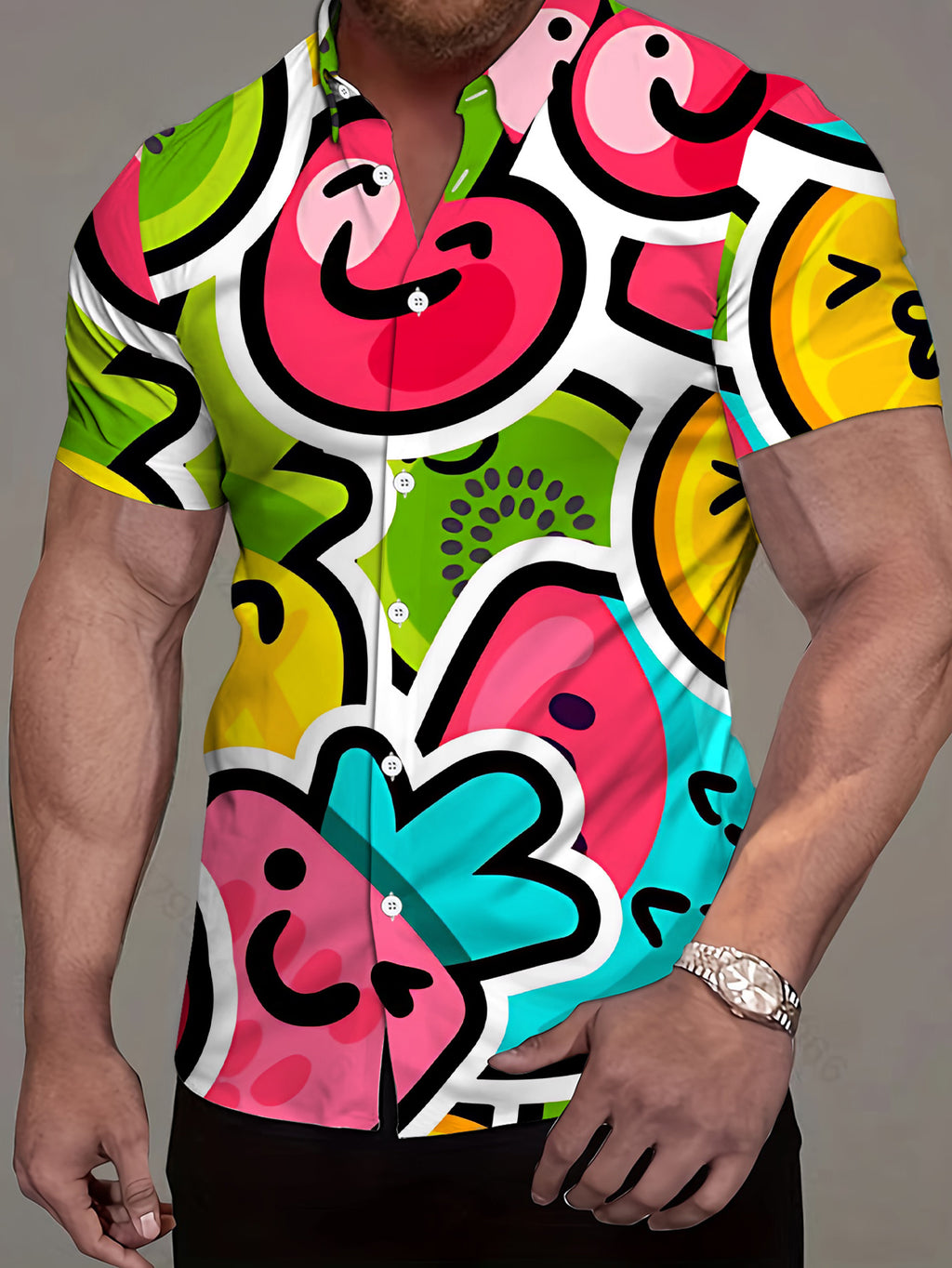 Men's Short-Sleeve Shirt, Fashionable Trendy Digital Print Shirt with Cartoon Fruit in Vibrant Styles, Stylish and Elegant, Summer/Trendy/Clothing/Men's/Printed/Apparel/Streetwear