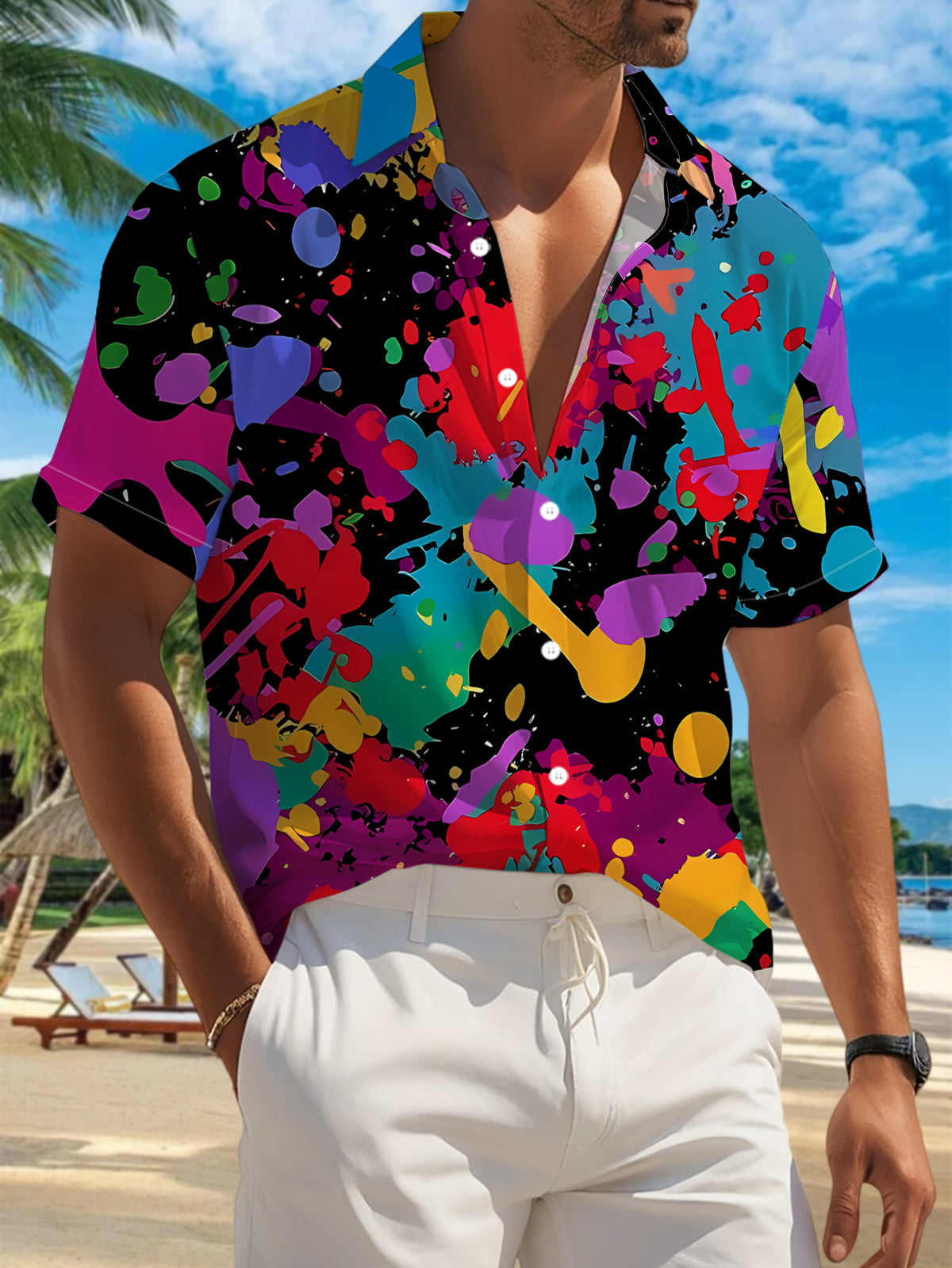 New Men's Casual Short-Sleeve Shirt with Vibrant Ink Splatter Print on Black Background, Bold Contrasting Colors for Festive Parties, Commuting, and Versatile Casual Wear. Made of Polyester Fiber, Machine Washable. Button-Up Printed Shirt