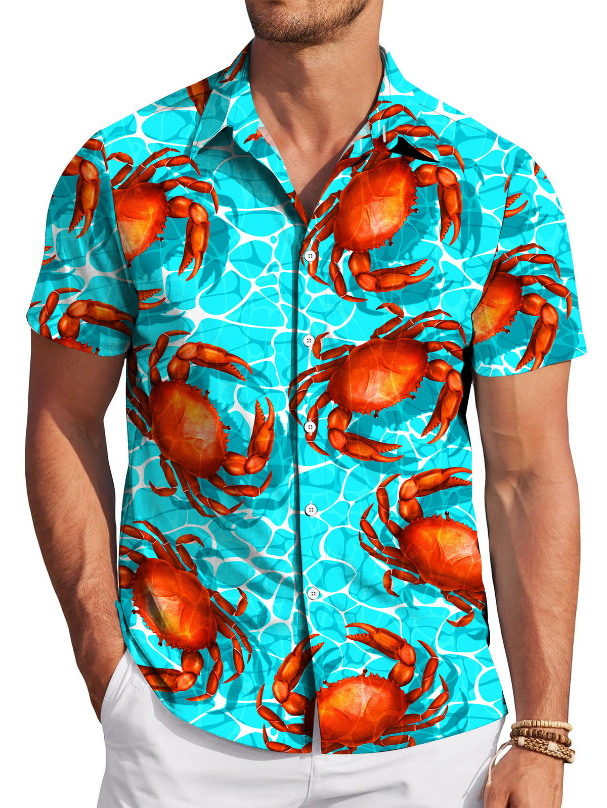 Men'S Beach Water Ripple Crab Print Short Sleeve Shirt, Summer Seaside Vacation Beach Outing