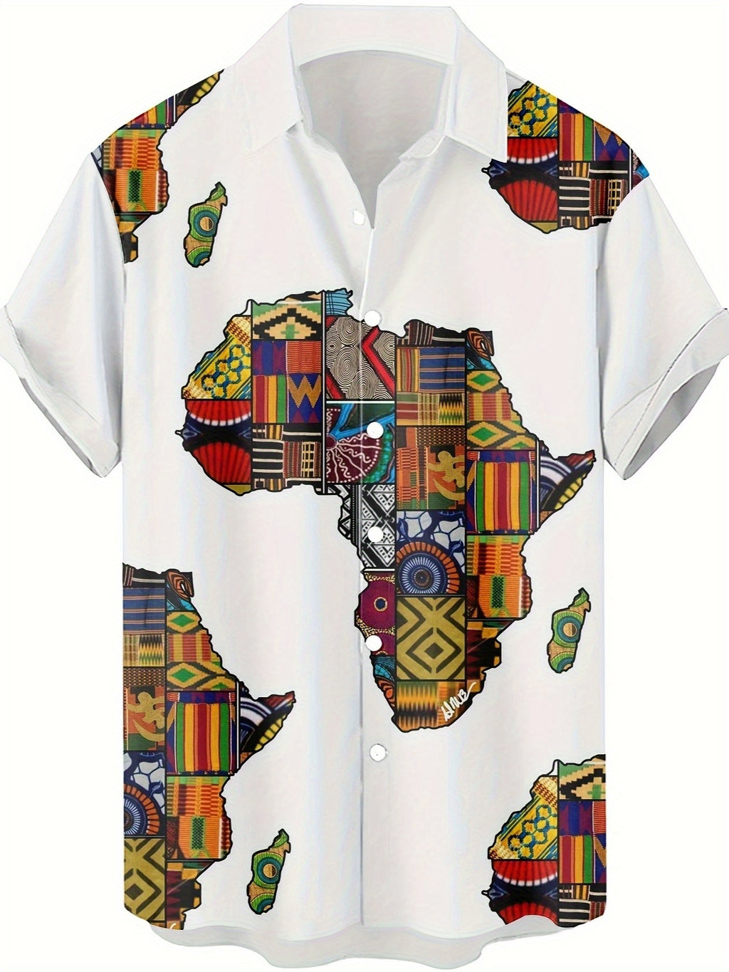 Men'S Short-Sleeve Casual Shirt with an African Map Print And Button- Collar