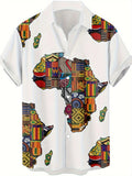 Men'S Short-Sleeve Casual Shirt with an African Map Print And Button- Collar