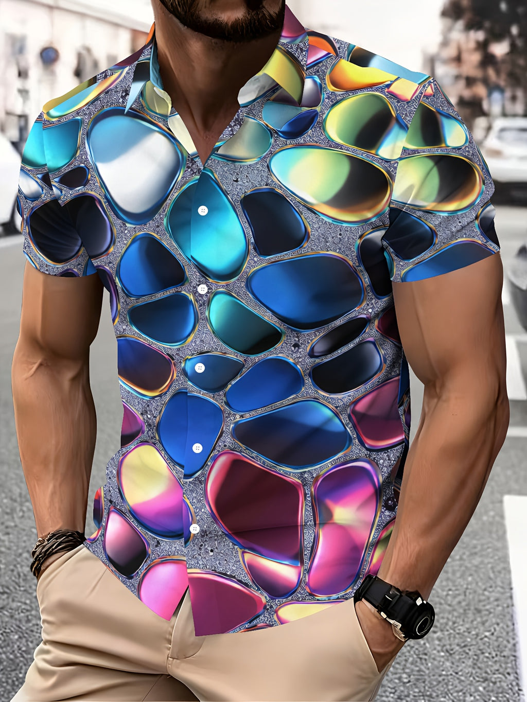 Men'S Casual Shirt, Print with Colorful Abstract Patterns, Summer Vibrant Geometric Design