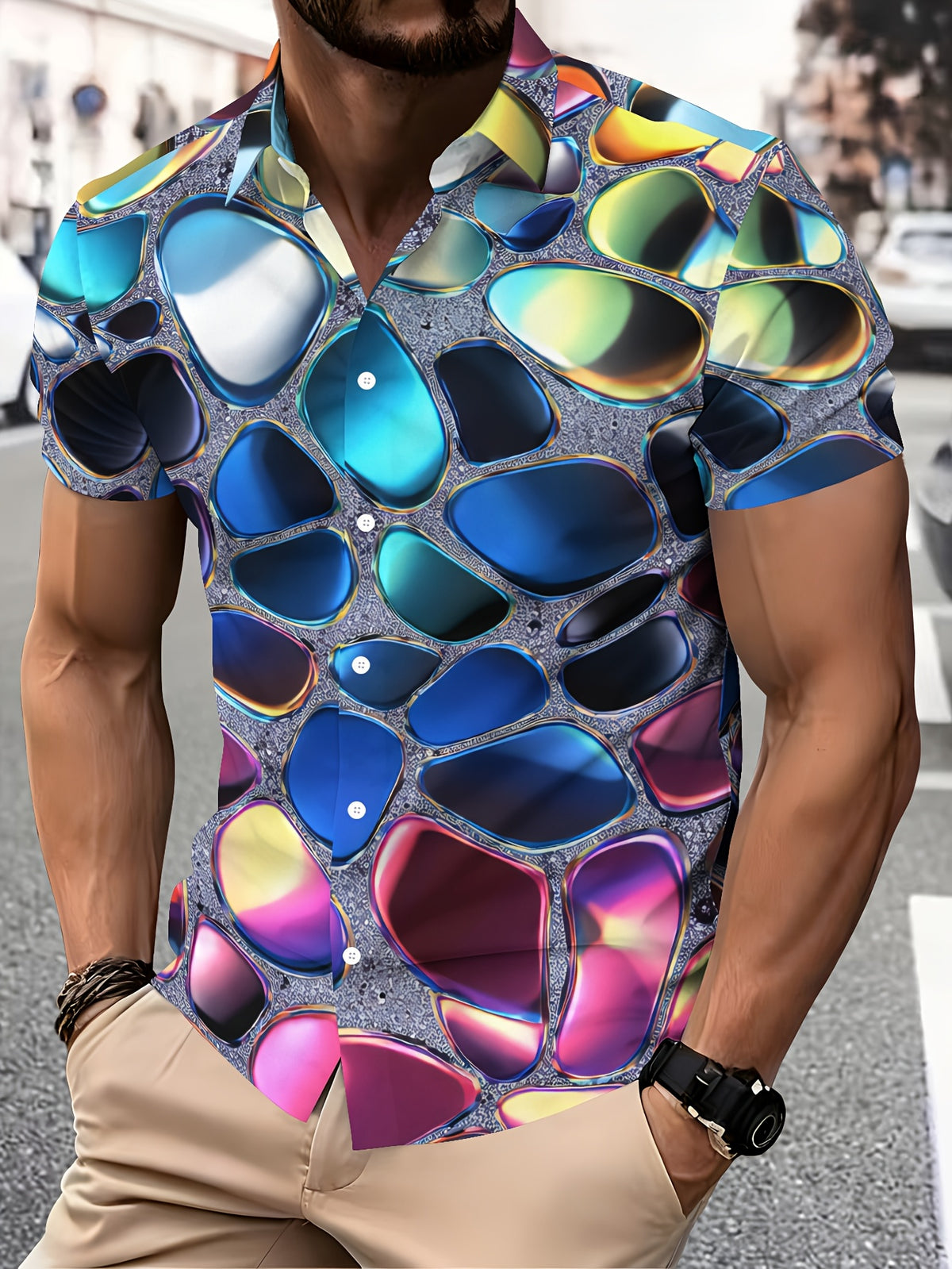 Men'S Casual Shirt, Print with Colorful Abstract Patterns, Summer Vibrant Geometric Design