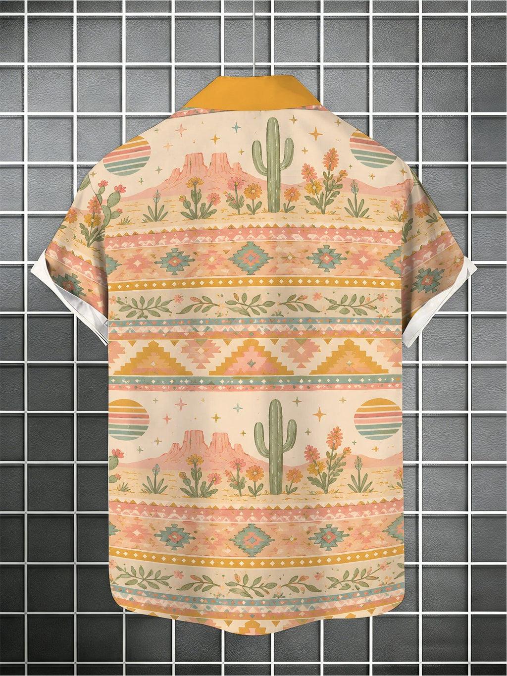 Men's Trendy Short-sleeve Shirt, Cactus Western-themed Print, Unique Retro Style for Casual Attire