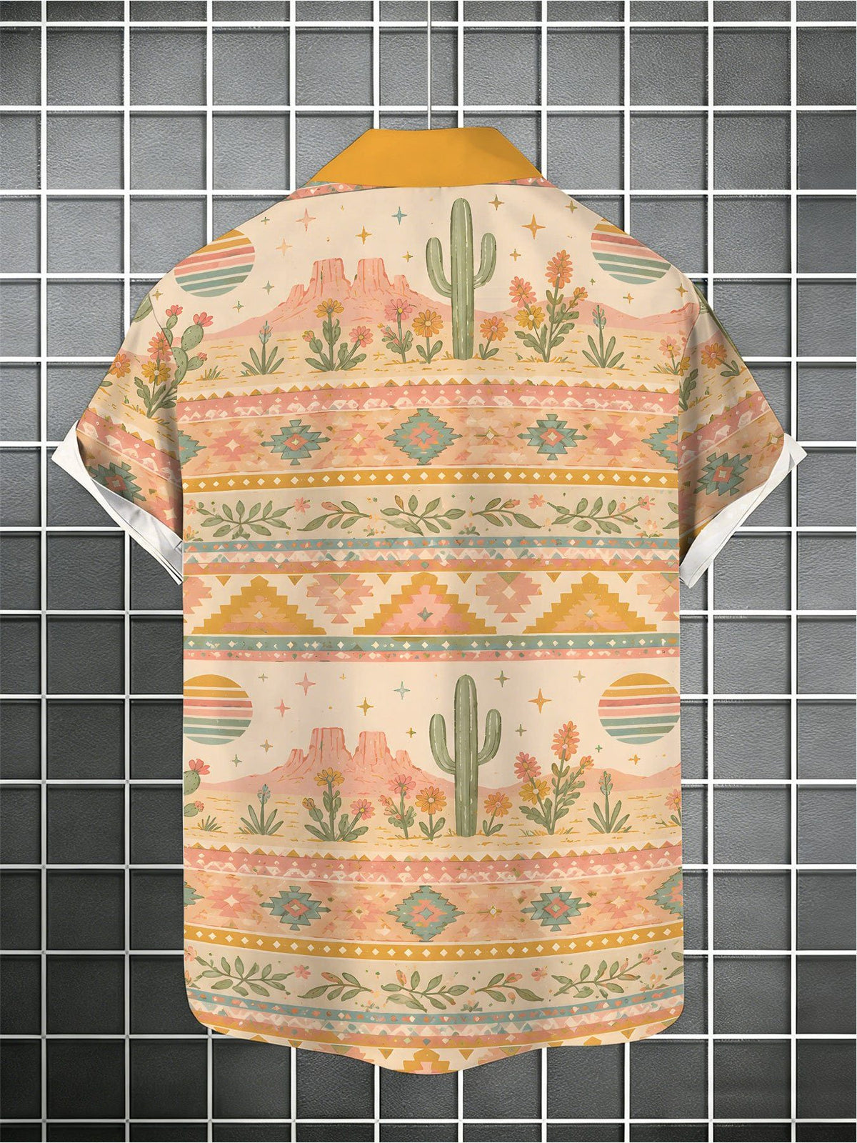 Men's Trendy Short-sleeve Shirt, Cactus Western-themed Print, Unique Retro Style for Casual Attire