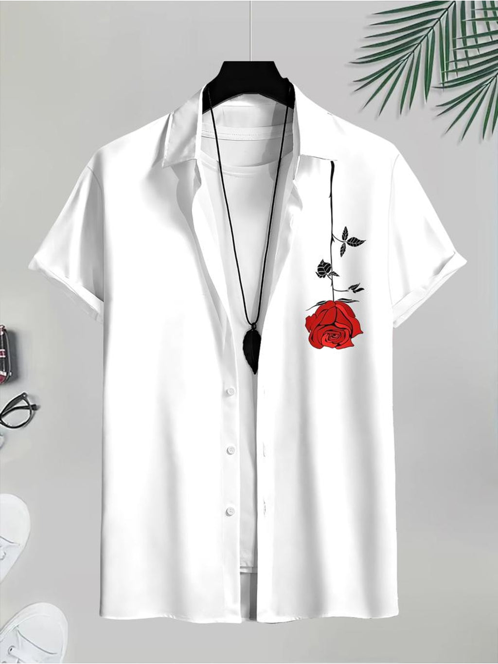 White Short Sleeve Button Men's Casual Shirt with Red Rose And Shakespeare Quote Print Summer Beach Wear
