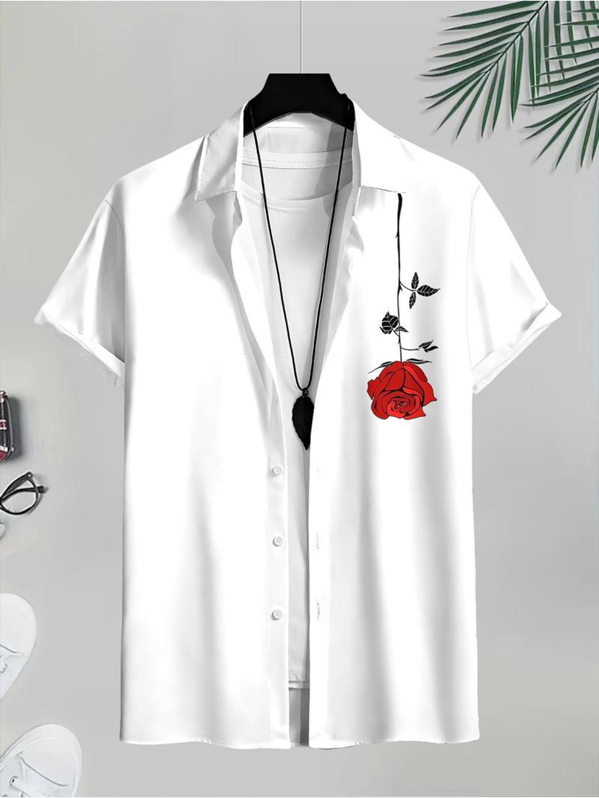White Short Sleeve Button Men's Casual Shirt with Red Rose And Shakespeare Quote Print Summer Beach Wear