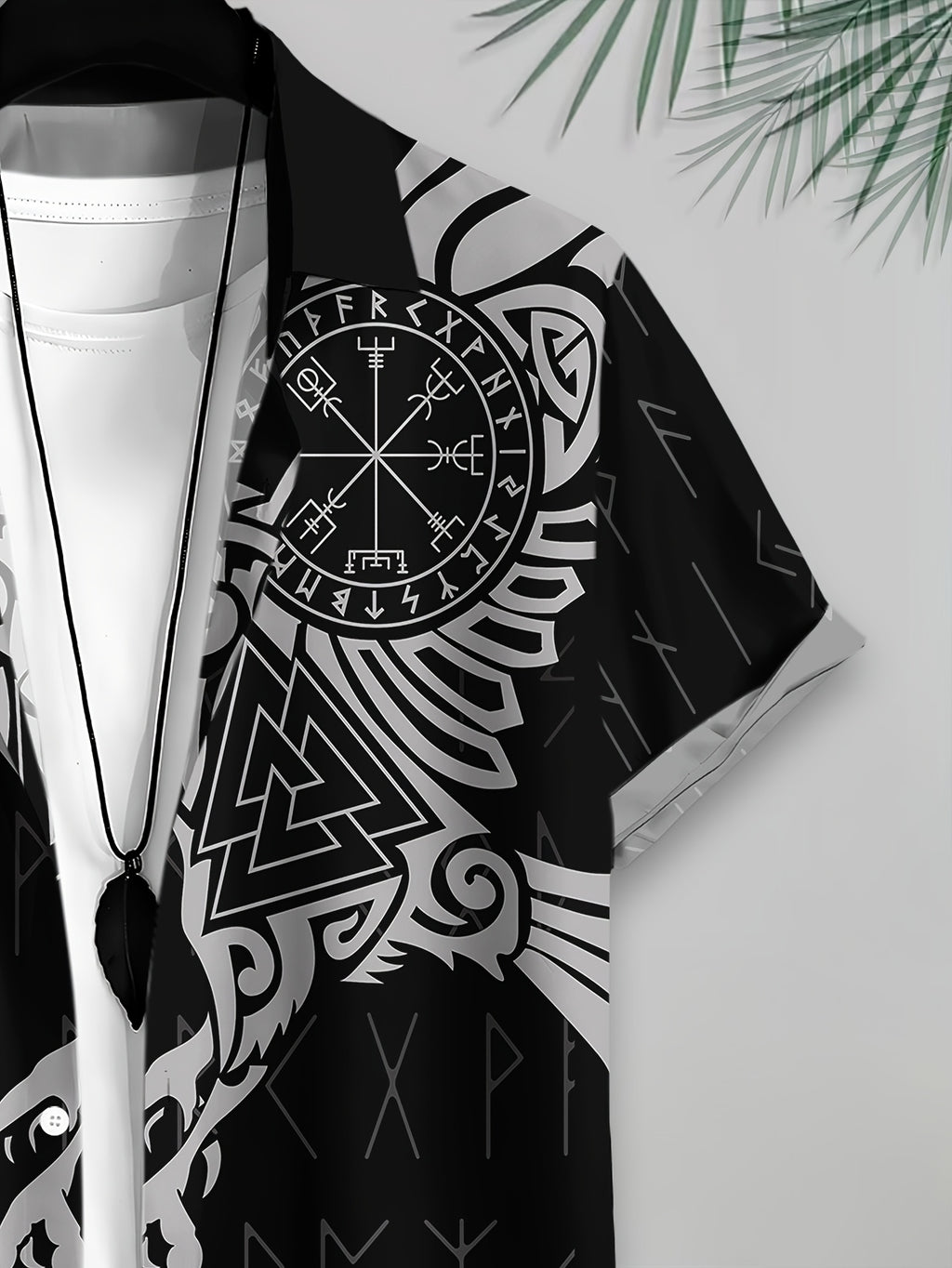 Viking Style Men'S Casual Shirt, Printed Black Raven And Runes Pattern Summer Nordic Symbol Design