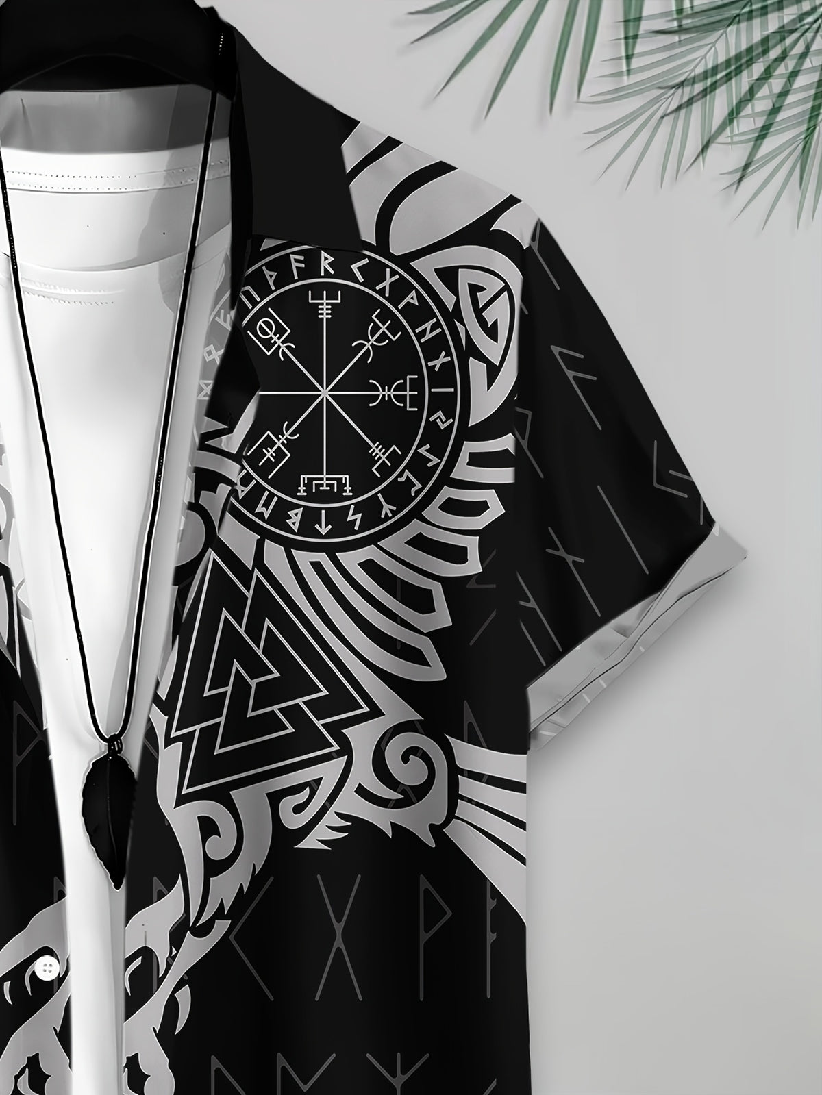 Viking Style Men'S Casual Shirt, Printed Black Raven And Runes Pattern Summer Nordic Symbol Design