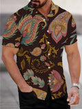 Men's Short-Sleeve Shirt, Vintage Style Print, Men's Printed Short-Sleeve Shirt with Paisley Elements, Cool Men's Shirt, Dark Base with Colorful Pattern, Men's Casual Short-Sleeve Shirt for Summer