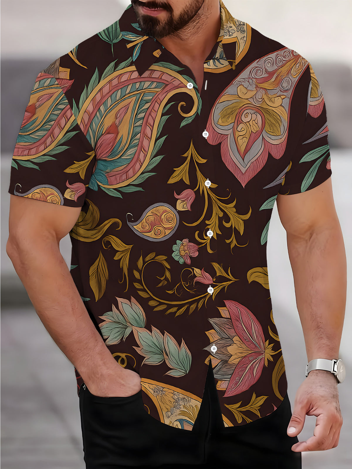 Men's Short-Sleeve Shirt, Vintage Style Print, Men's Printed Short-Sleeve Shirt with Paisley Elements, Cool Men's Shirt, Dark Base with Colorful Pattern, Men's Casual Short-Sleeve Shirt for Summer
