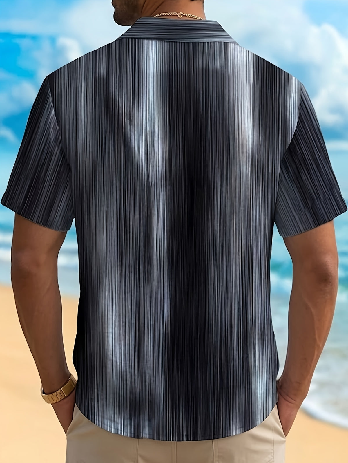 Vintage Gradient Stripe Texture Men's Button Pocket Shirt, PLUS SIZE